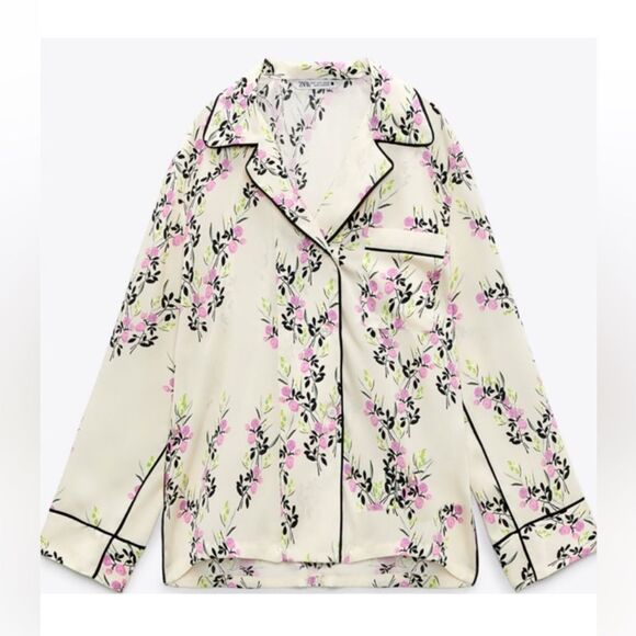 Zara Ecru printed piped floral button down shirt NWOT - Picture 6 of 14